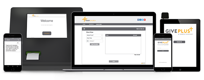 Vanco GivePlus Online Giving features mobile, text, online, kiosk and card reader options